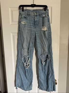 American Eagle Outfitters Dreamy Drape Light Blue Distressed Wide-Leg Jeans